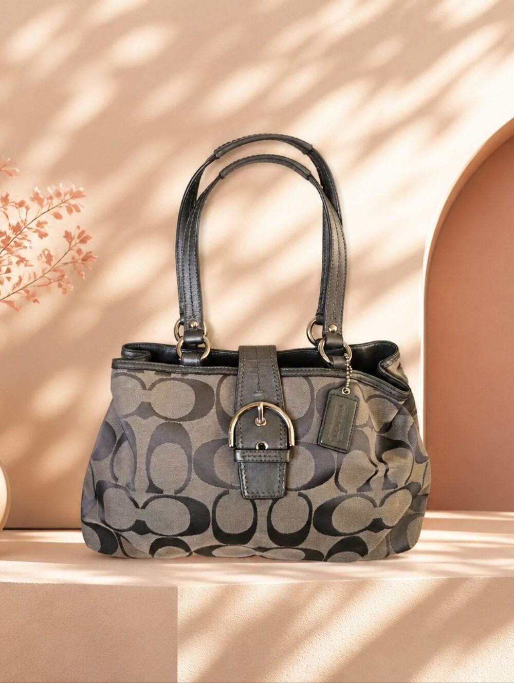 Coach Gray Signature Logo Shoulder Bag with Gray Trim